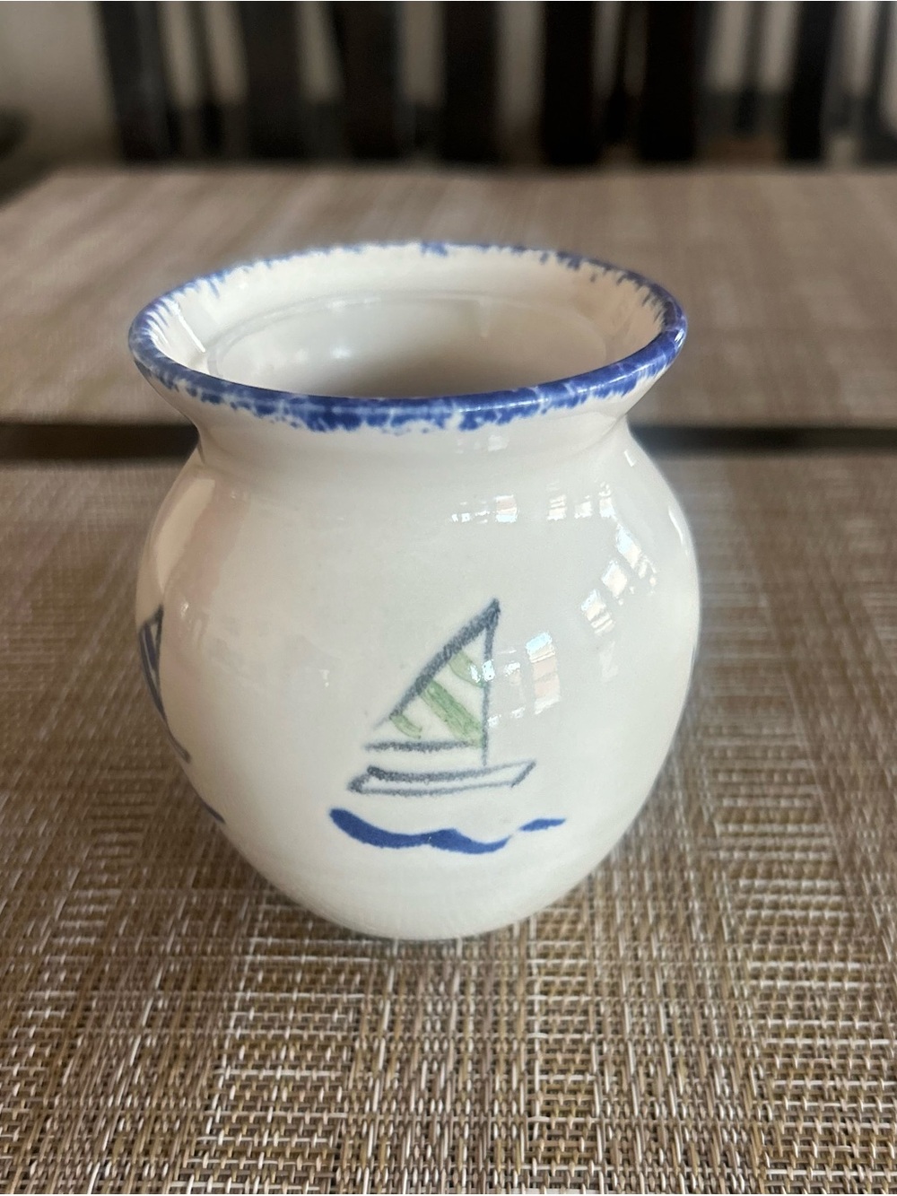 White and Blue Ceramic Sailboat Votive Holder - Unbranded